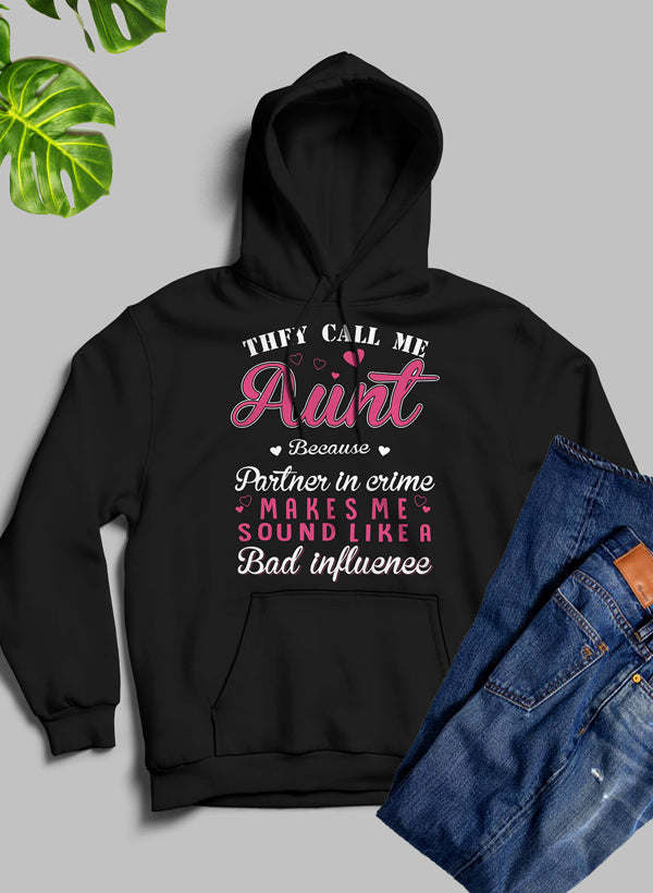 Black aunt hoodie with front graphic text and kangaroo pocket