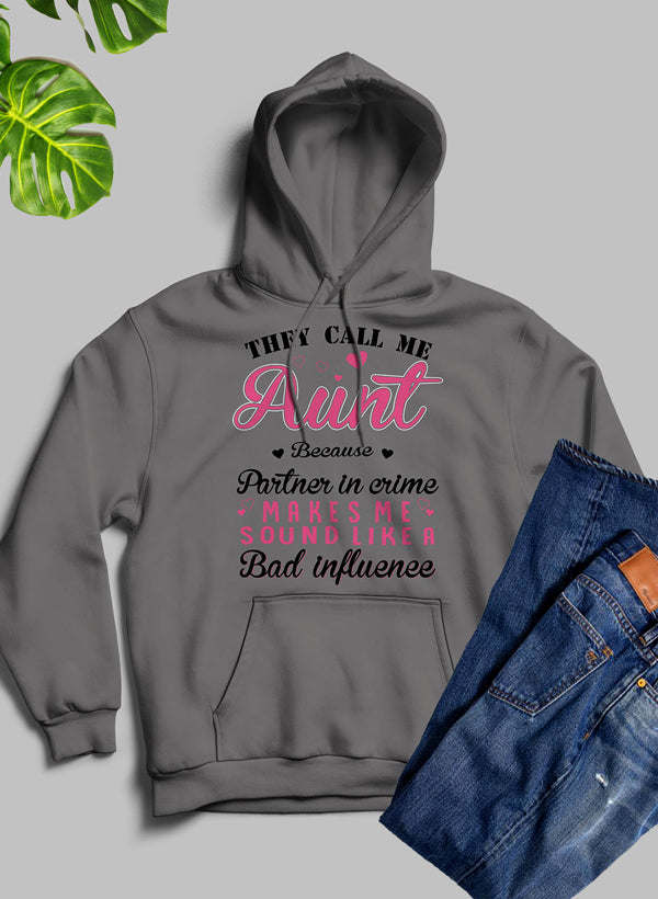 Charcoal pullover hoodie with hood and multicolor 'Aunt' print