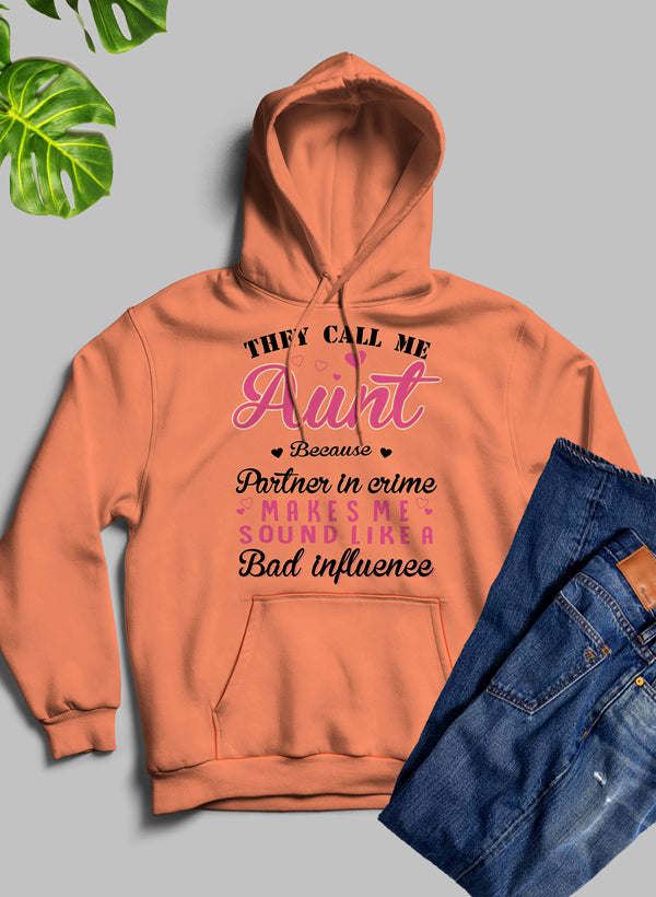 Orange pullover hoodie with hood and 'Aunt' typography graphic