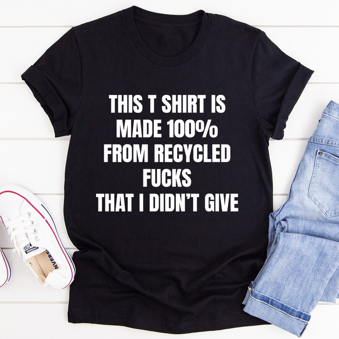Black crew-neck T-shirt with printed slogan graphic on the front