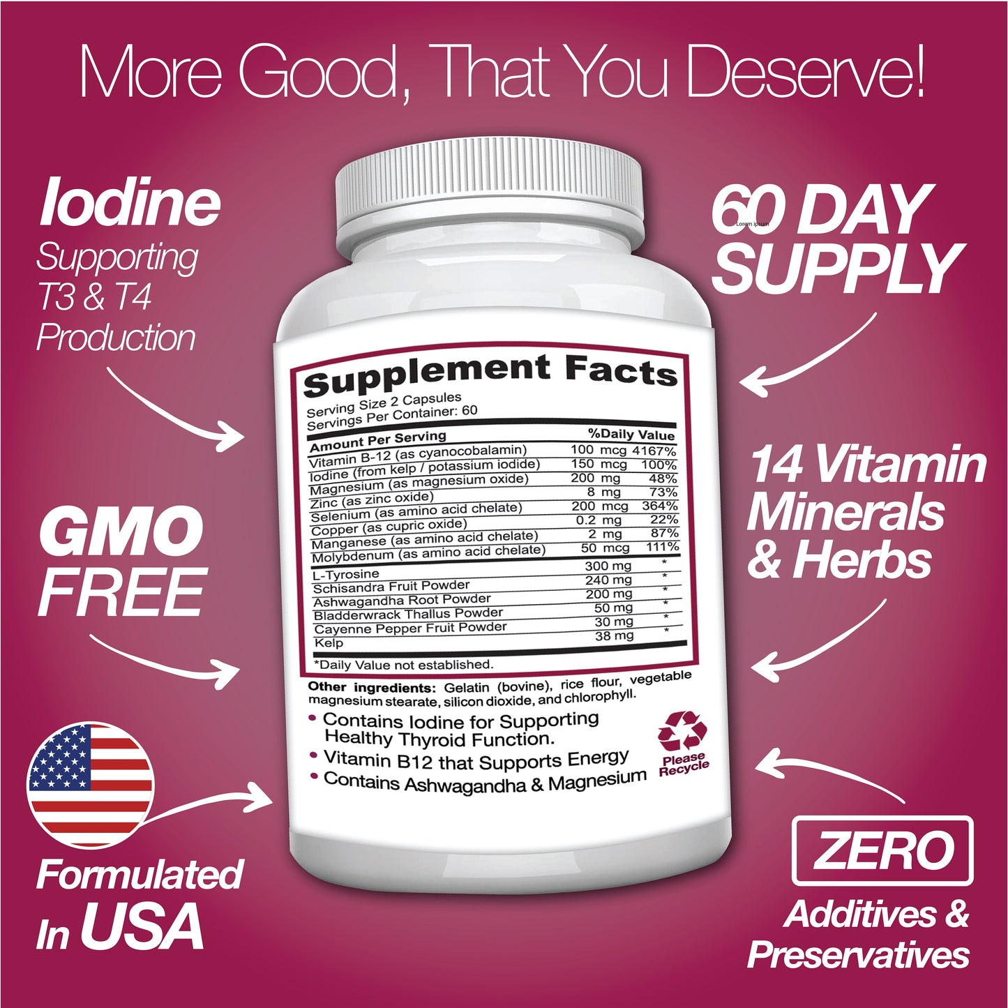 Thyroid Support Supplement with Iodine |120 Capsules to Help Body Mass & Improve Energy - Renee Lane Company
