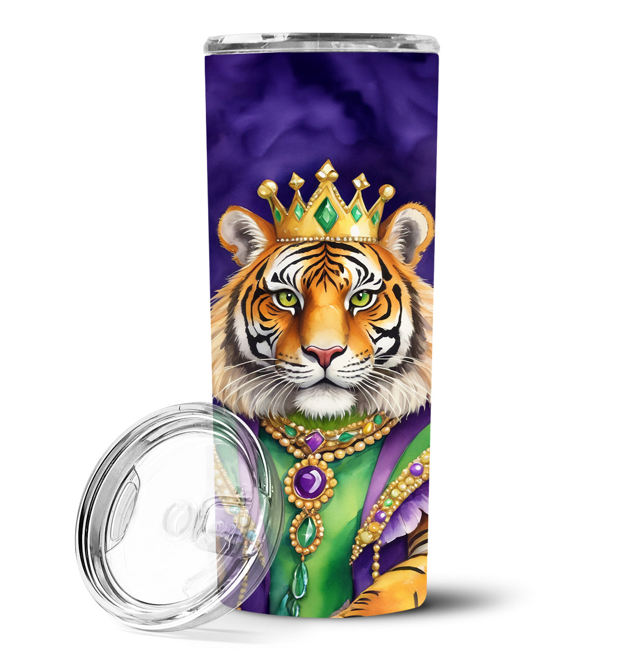 Tiger the King of Mardi Gras Stainless Steel Skinny Tumbler Vacuum Double Walled Reusable Insulated Tumbler Travel Cup for Coffee Cocktails Gift with Lid, 20 oz - Renee Lane Company