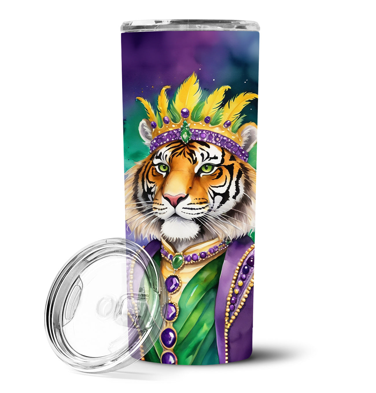 Tiger the King of Mardi Gras Stainless Steel Skinny Tumbler Vacuum Double Walled Reusable Insulated Tumbler Travel Cup for Coffee Cocktails Gift with Lid, 20 oz - Renee Lane Company