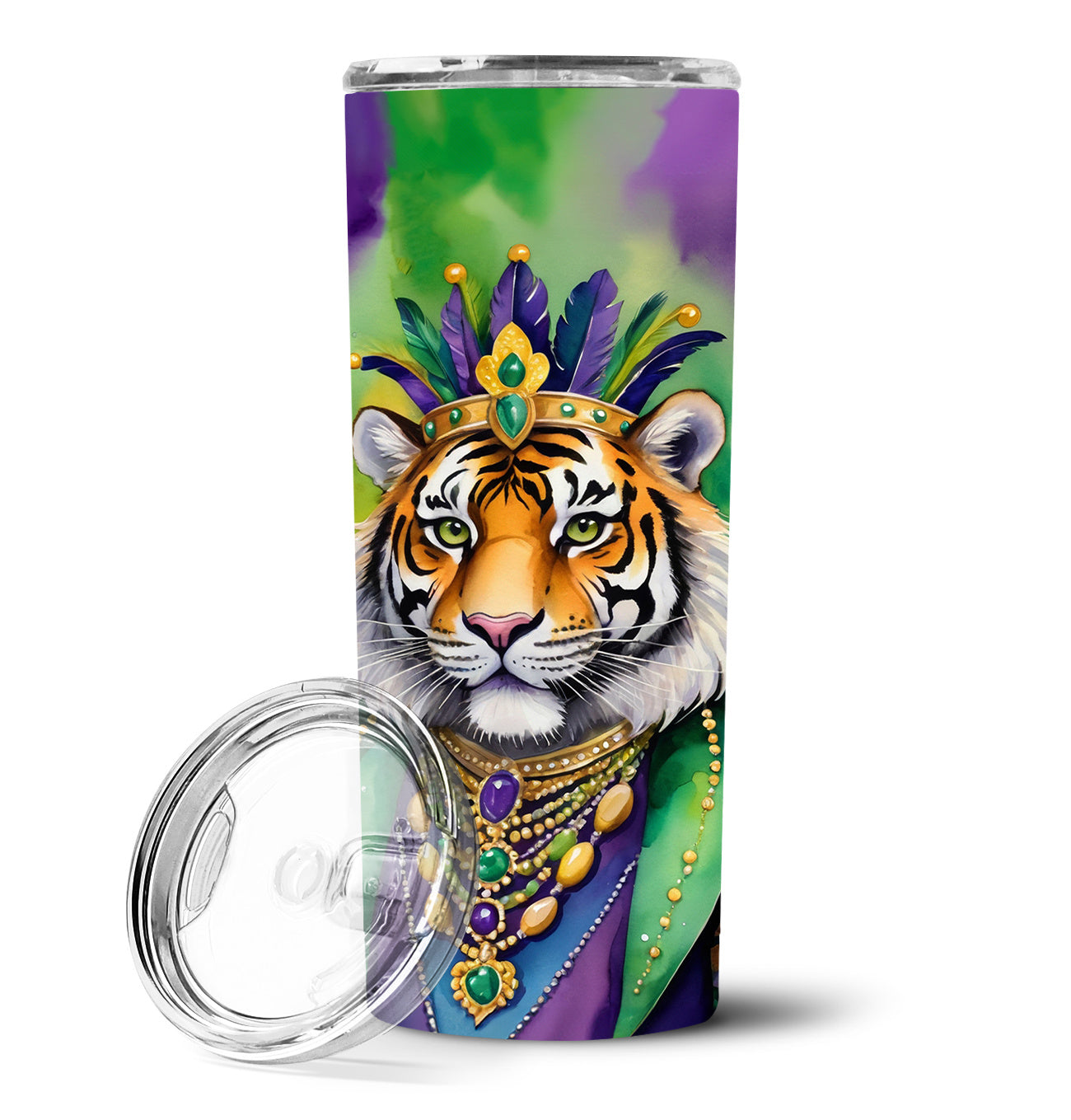 Tiger the King of Mardi Gras Stainless Steel Skinny Tumbler Vacuum Double Walled Reusable Insulated Tumbler Travel Cup for Coffee Cocktails Gift with Lid, 20 oz - Renee Lane Company