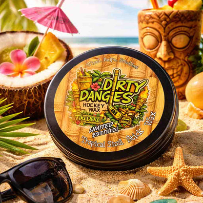 Round hockey wax tin with gold-colored wax and black lid with Dirty Dangles logo