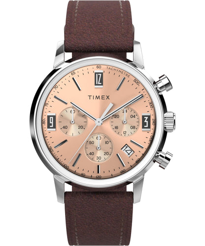 Timex Mens Marlin 40mm Watch - Brown Strap Rose Gold-Tone Dial Stainless Steel Case - Renee Lane Company
