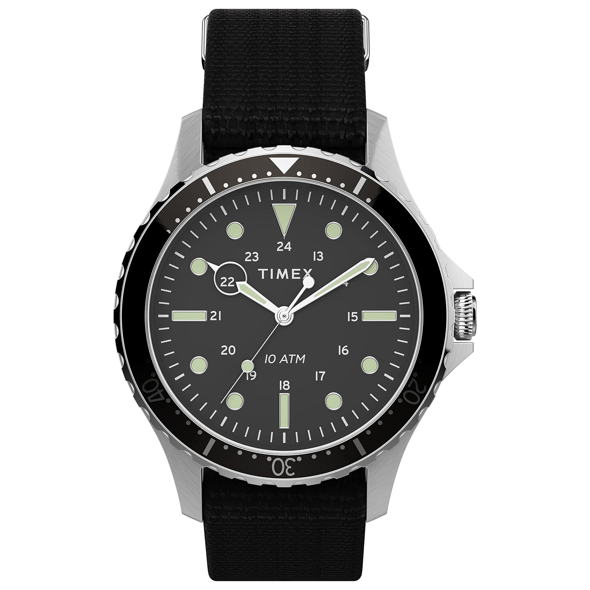 Timex Mens Navi XL 41mm Watch – Stainless Steel Case Black Dial with Black Fabric Slip-Thru Strap - Renee Lane Company