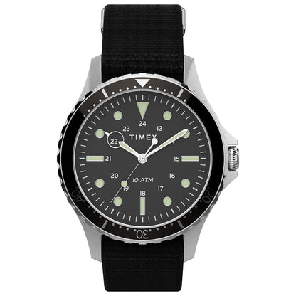 Timex Mens Navi XL 41mm Watch – Stainless Steel Case Black Dial with Black Fabric Slip-Thru Strap - Renee Lane Company