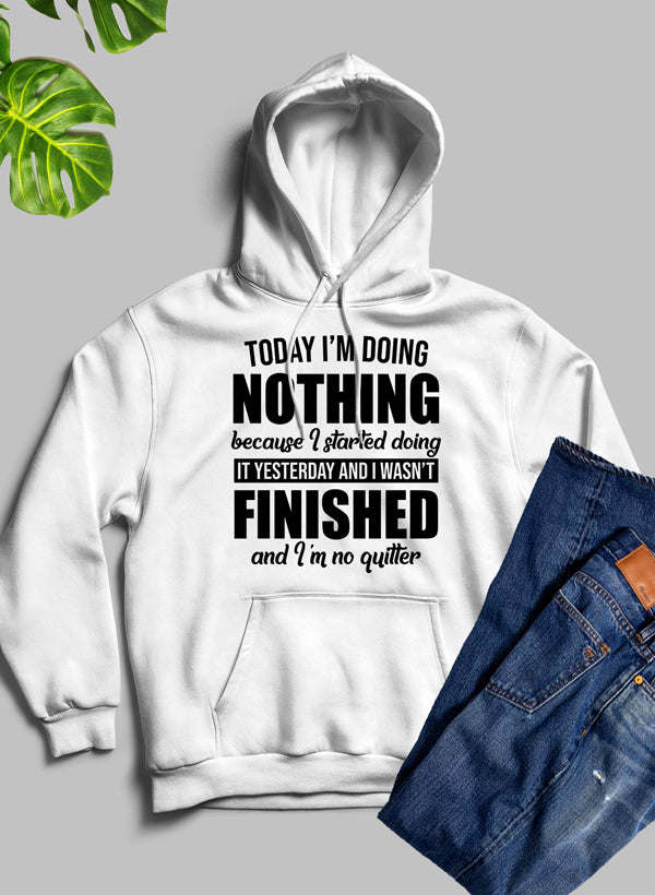 White hoodie with large front graphic text reading “NOTHING”