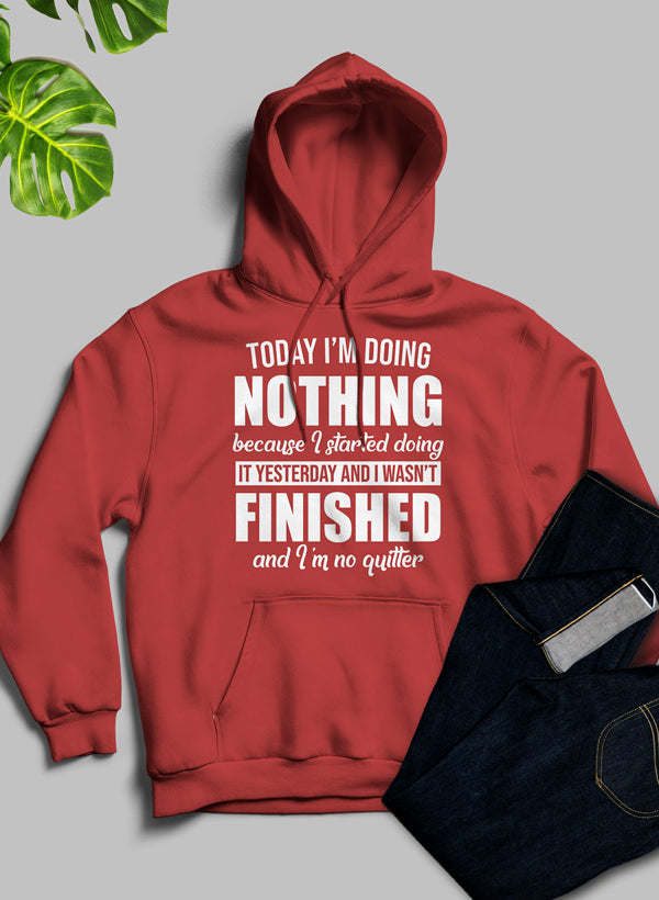 Red pullover hoodie with hood drawstring and front slogan graphic