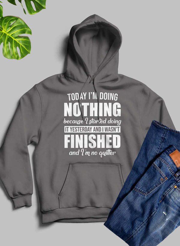 Dark gray pullover hoodie with front slogan graphic and kangaroo pocket