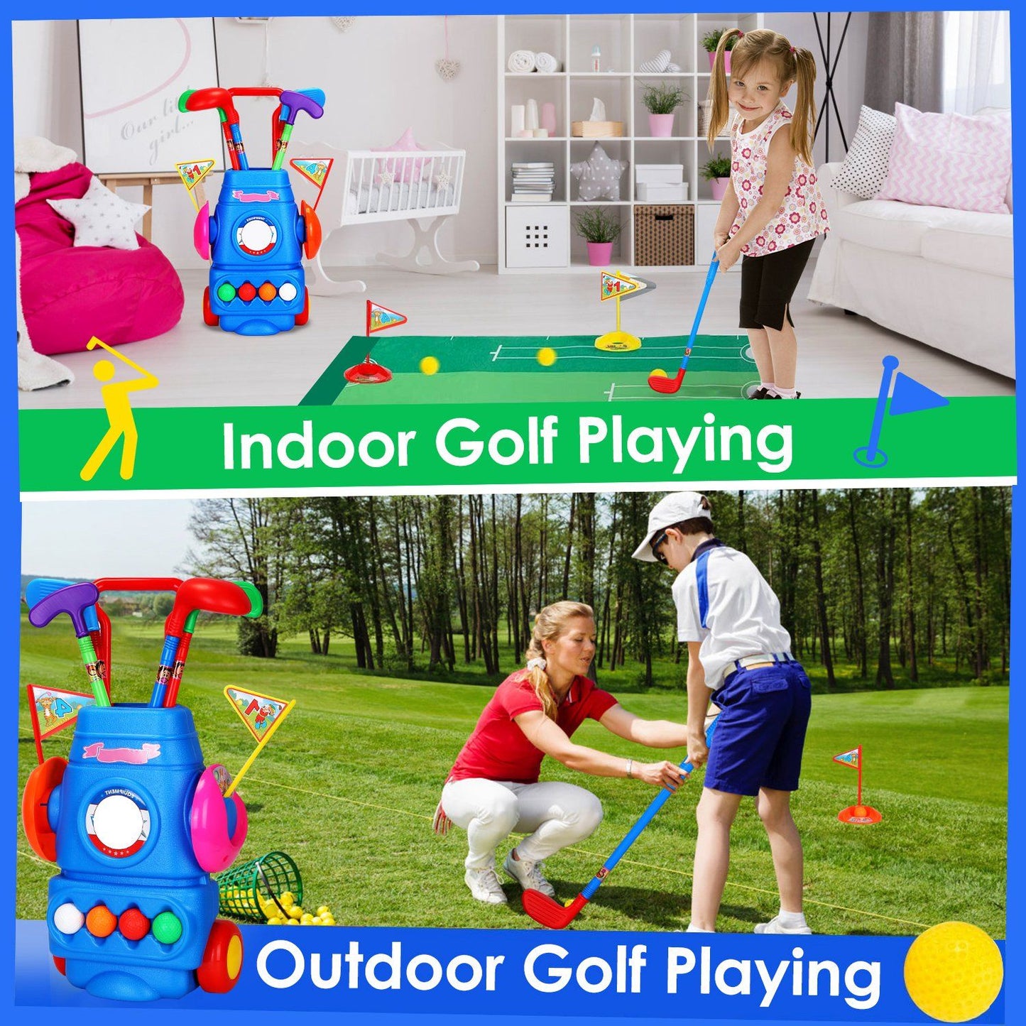 Toddler Golf Set with 4 Balls 4 Clubs 2 Holes 2 Flags Golf Cart Indoor Outdoor Golf - Renee Lane Company