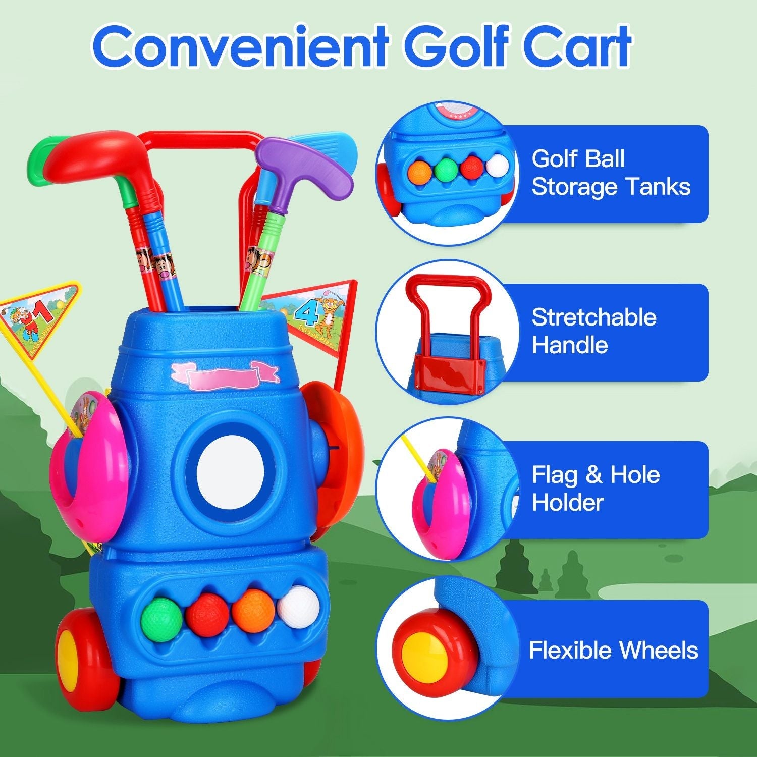 Toddler Golf Set with 4 Balls 4 Clubs 2 Holes 2 Flags Golf Cart Indoor Outdoor Golf - Renee Lane Company
