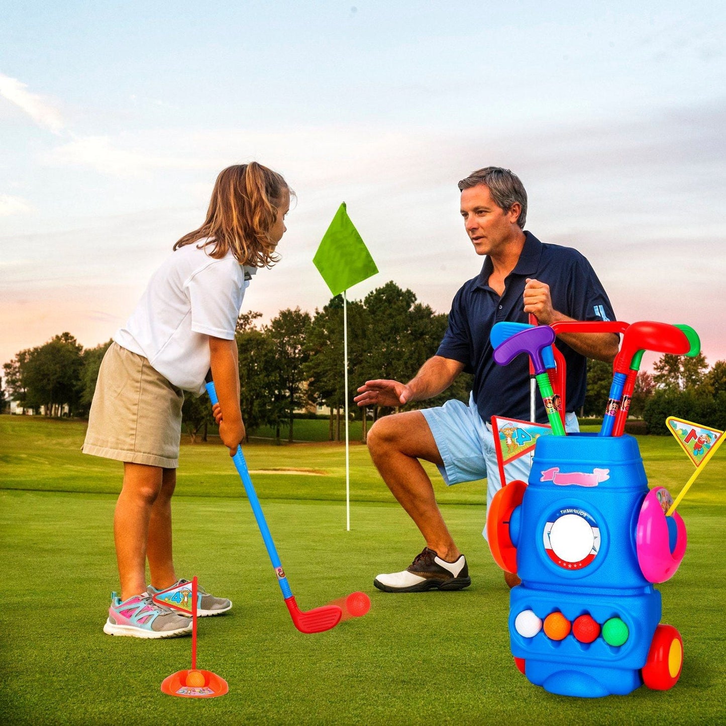 Toddler Golf Set with 4 Balls 4 Clubs 2 Holes 2 Flags Golf Cart Indoor Outdoor Golf - Renee Lane Company