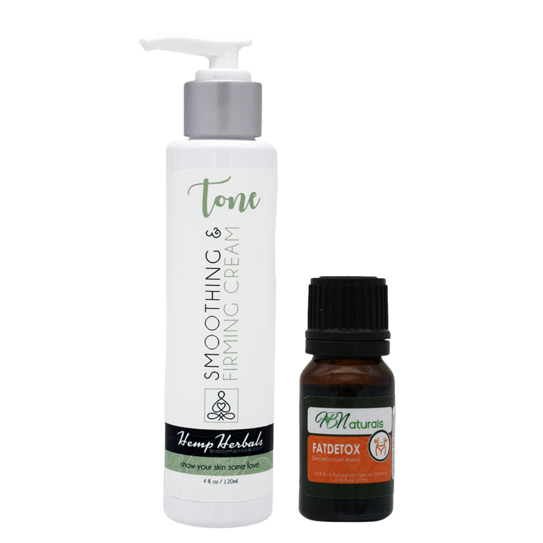 Tone smoothing cream pump bottle and FatDetox oil dropper bottle