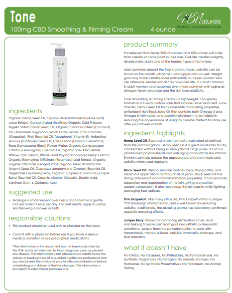 Tone CBD smoothing & firming cream product label card with ingredient text