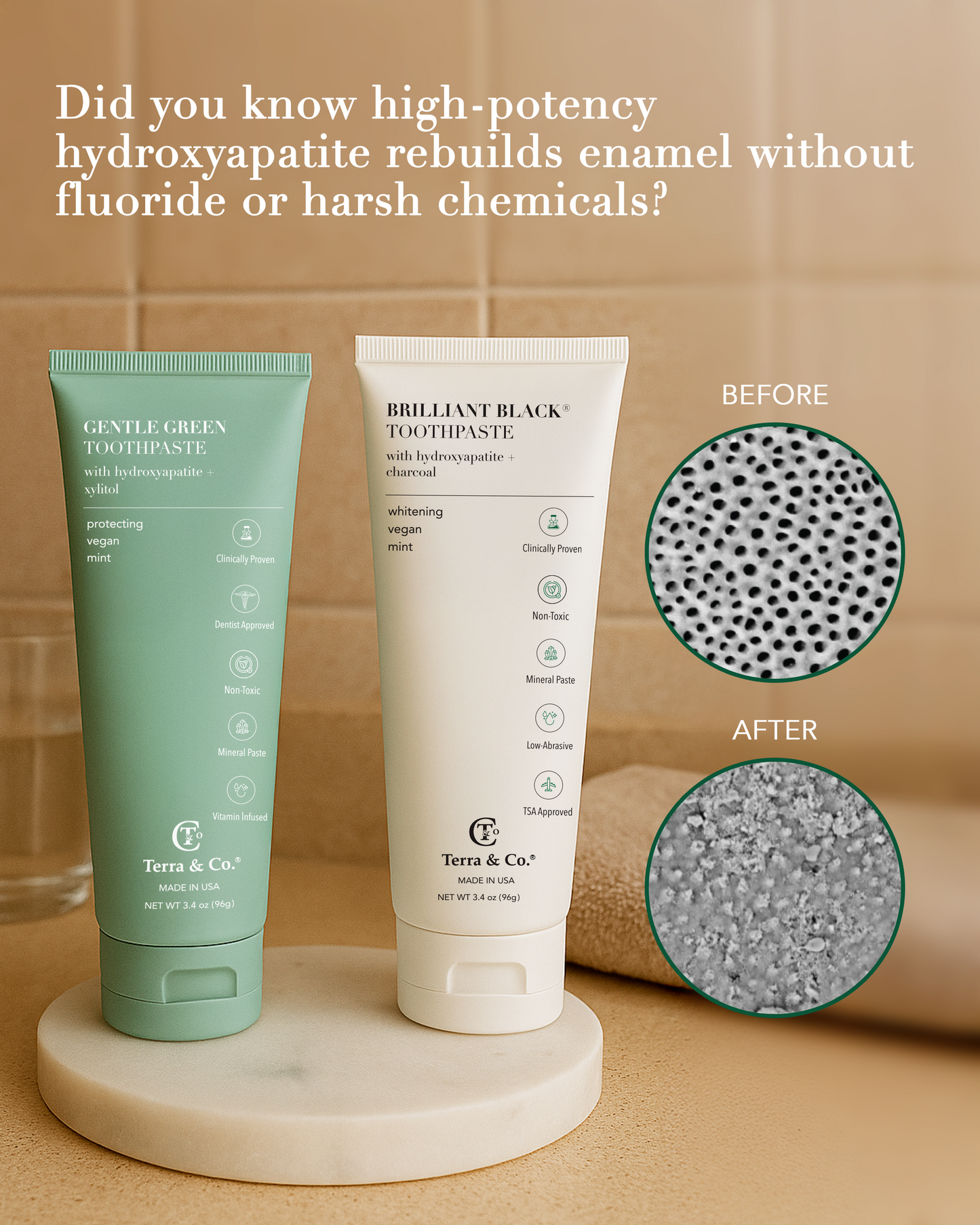 Two hydroxyapatite toothpaste tubes with before-and-after enamel texture circles