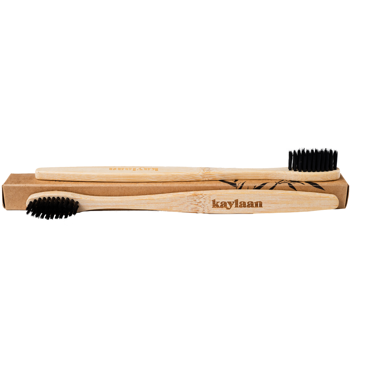 Bamboo toothbrush set in cardboard box with black bristles