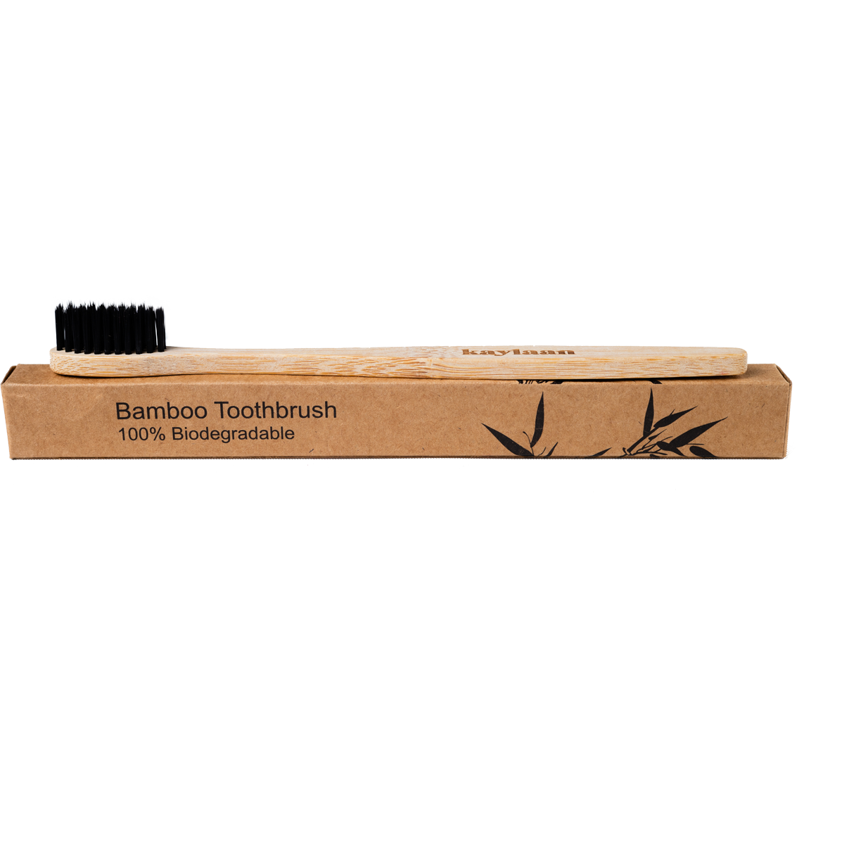 Bamboo toothbrush in cardboard tray, black bristles on top