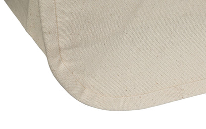 Canvas grocery tote bag fabric close-up, beige woven canvas with curved bottom