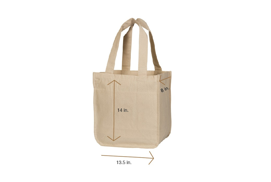 Canvas grocery tote bag, beige with size markings and twin rope handles