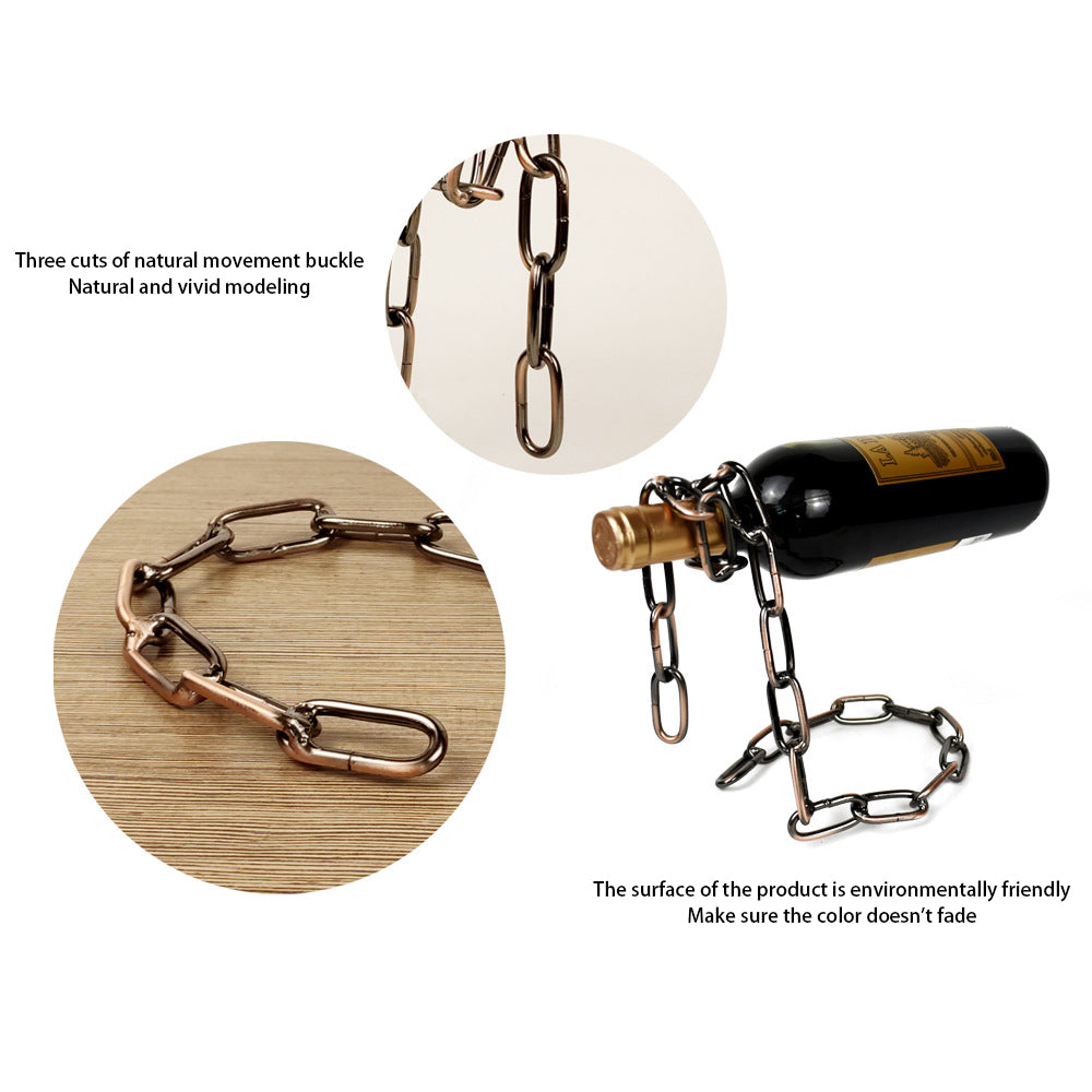 Wine bottle holder with black bottle and dark chain, plus close-up of clasp