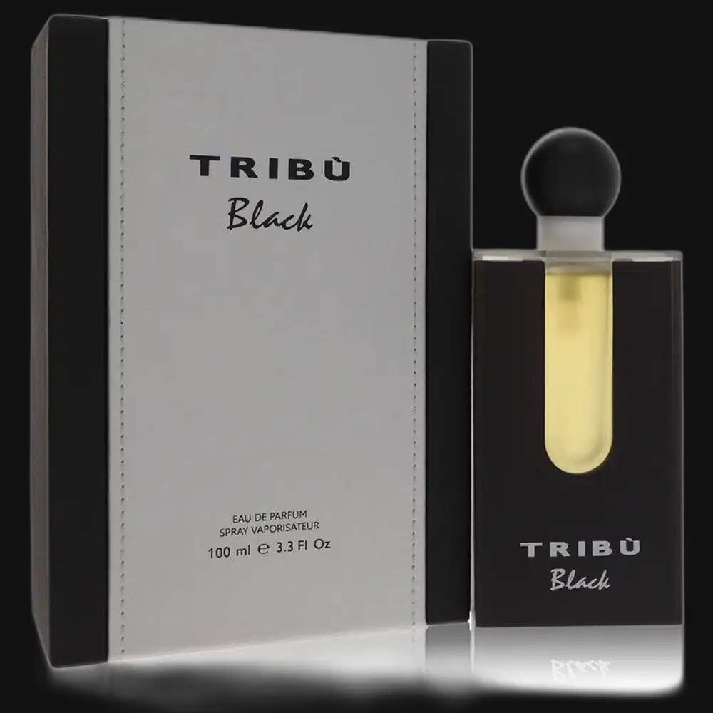 Men's cologne bottle with amber liquid, black cap, and matching TRIBU Black box