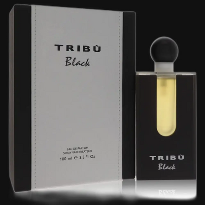 Men's cologne bottle with amber liquid, black cap, and matching TRIBU Black box
