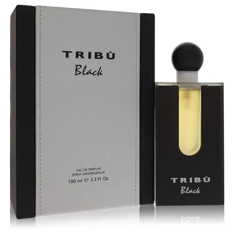 Black cologne bottle with amber liquid window and TRIBU Black label beside box