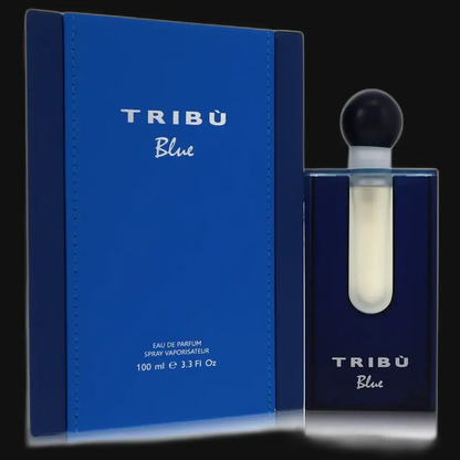Men's cologne bottle with dark blue cap and translucent tube, plus blue box