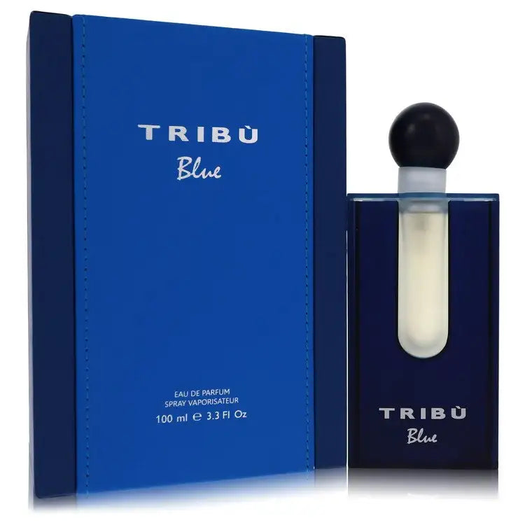 Men's cologne bottle with dark blue cap and white label window, beside blue box