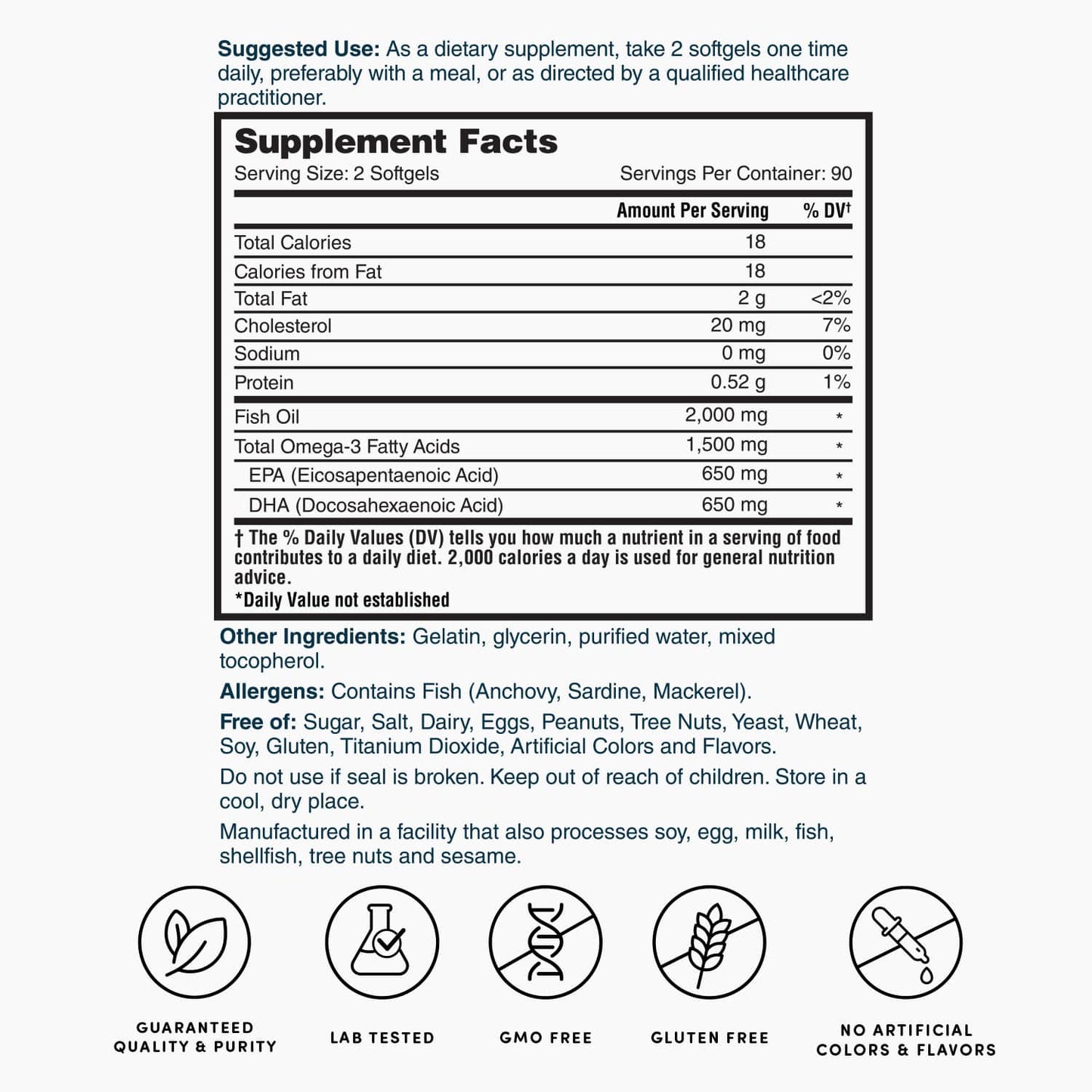 Supplement Facts panel with serving details for omega-3 fish oil softgels