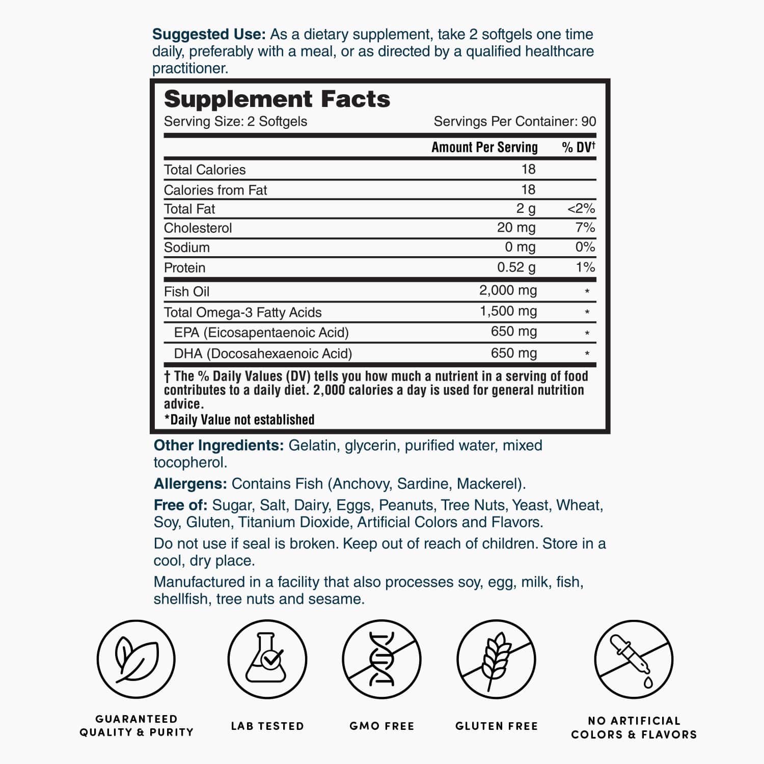 Supplement Facts panel with serving details for omega-3 fish oil softgels