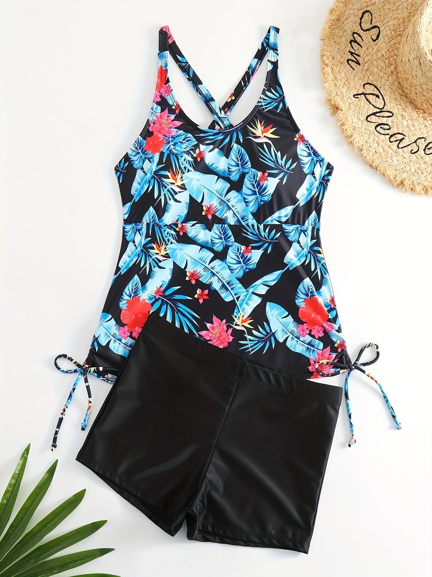 Tropical Print Round Neck Tankini Sets, Drawstring Straps Boxer Short Bottom Two Pieces Swimsuit, Women's Swimwear & Clothing - Renee Lane Company
