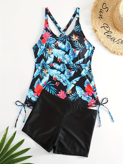 Tropical Print Round Neck Tankini Sets, Drawstring Straps Boxer Short Bottom Two Pieces Swimsuit, Women's Swimwear & Clothing - Renee Lane Company