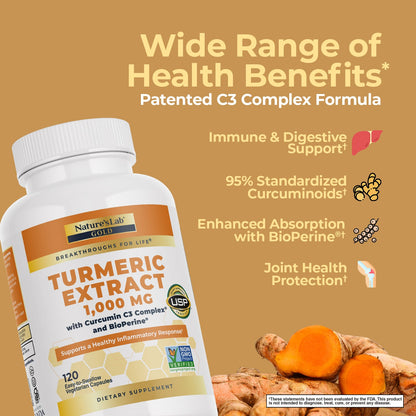 Turmeric extract supplement bottle with wide label, white cap, 120 vegetarian capsules