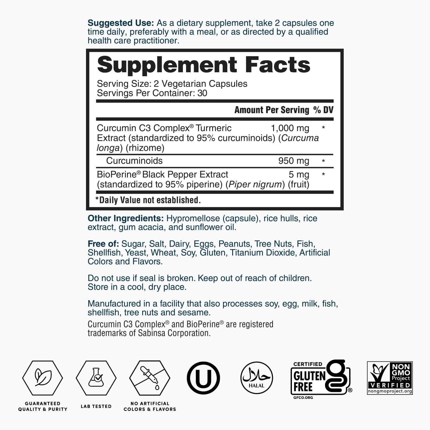 Supplement Facts panel for turmeric extract: 1,000 mg Curcumin C3 complex and BioPerine.