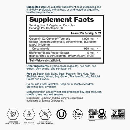 Supplement Facts panel for turmeric extract: 1,000 mg Curcumin C3 complex and BioPerine.