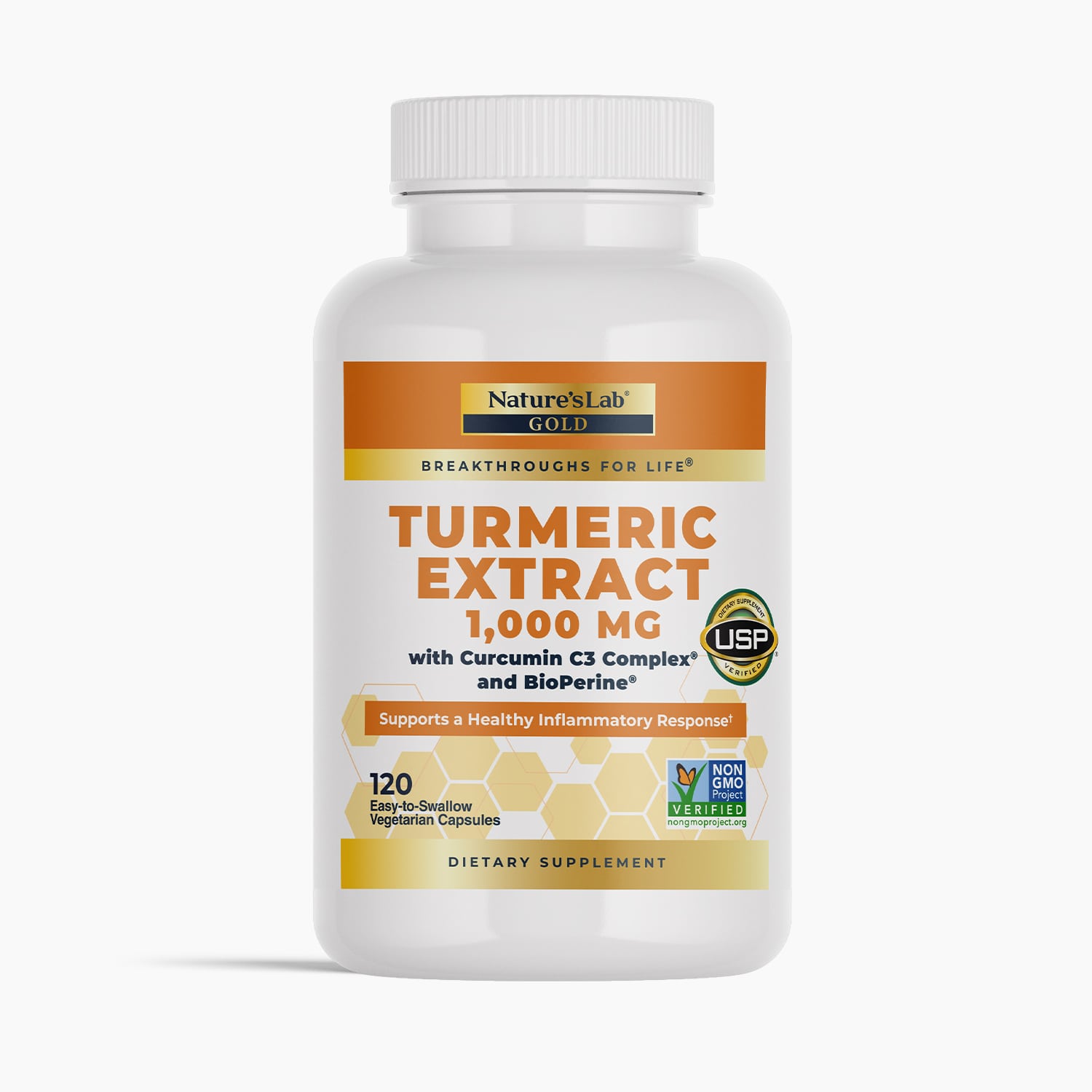 Turmeric extract dietary supplement bottle, white with label and 120 vegetarian capsules