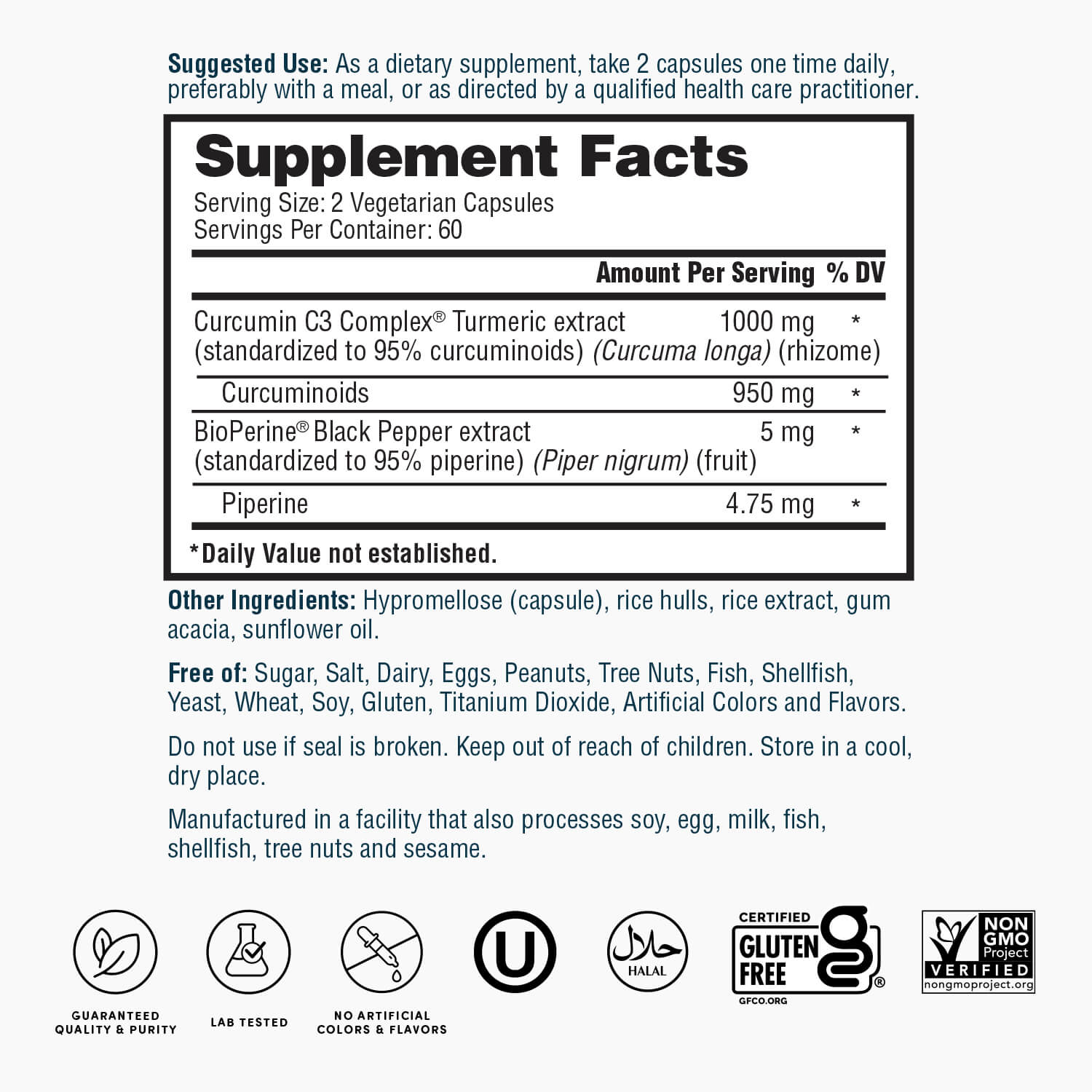 Supplement Facts panel for turmeric C3 complex and BioPerine black pepper extract