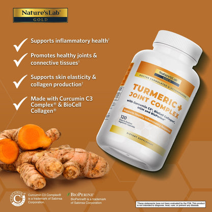 Nature's Lab Turmeric Joint Complex bottle with turmeric roots