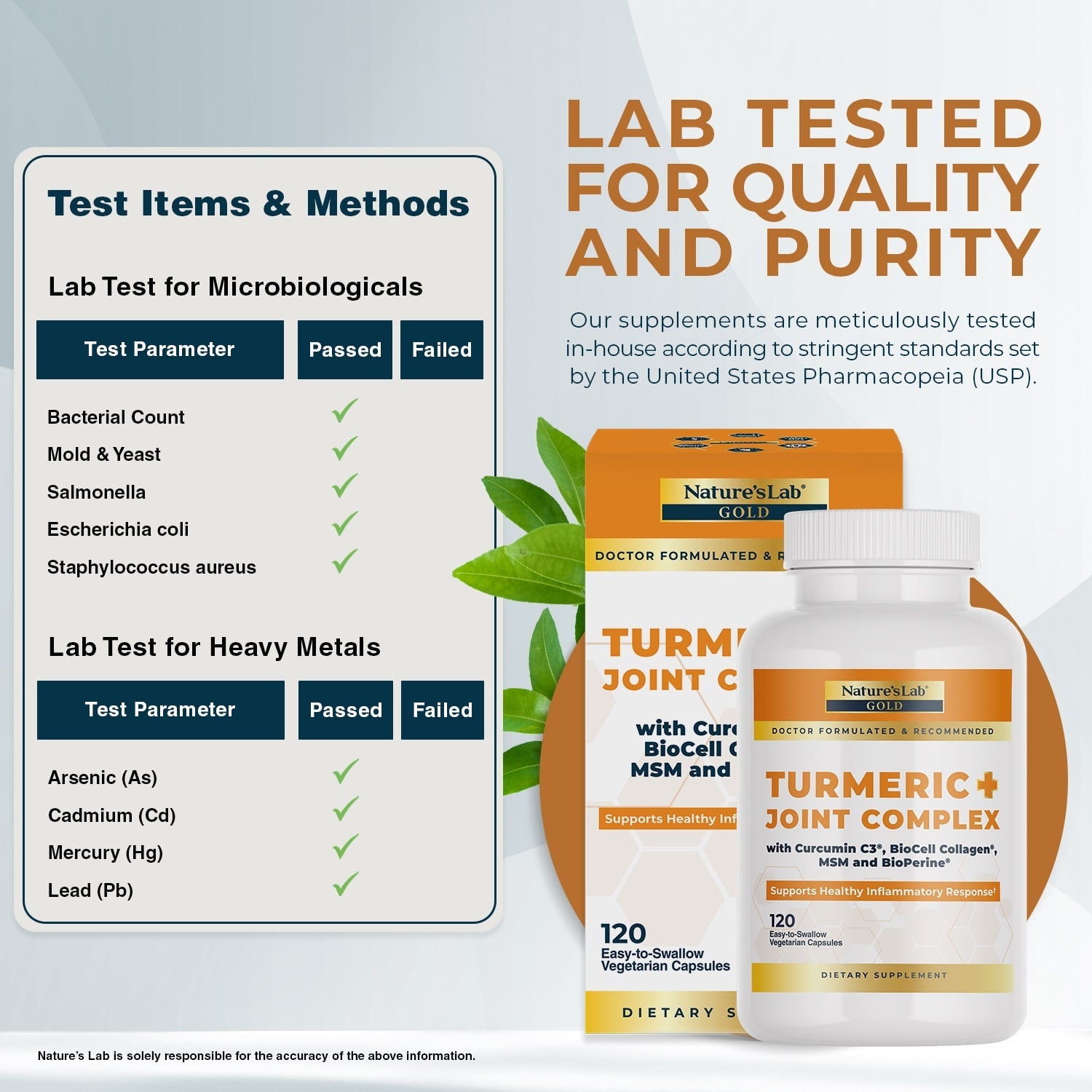 Turmeric joint complex supplement bottles with lab tested for quality and purity label