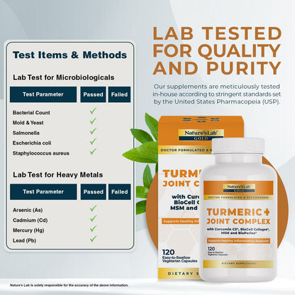 Turmeric joint complex supplement bottles with lab tested for quality and purity label