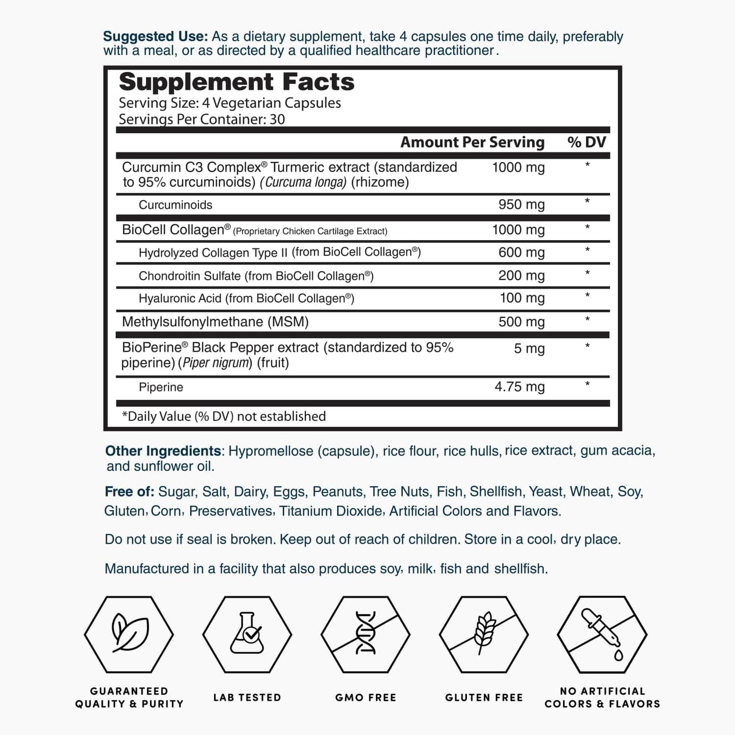 Supplement facts panel for turmeric joint complex with ingredient amounts and serving size