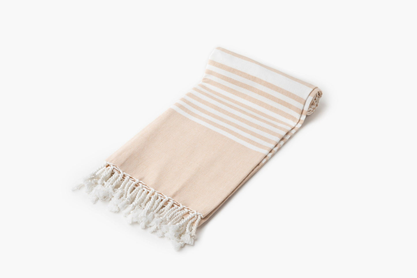 Turkish beach towel, beige with light stripe and tassel fringe
