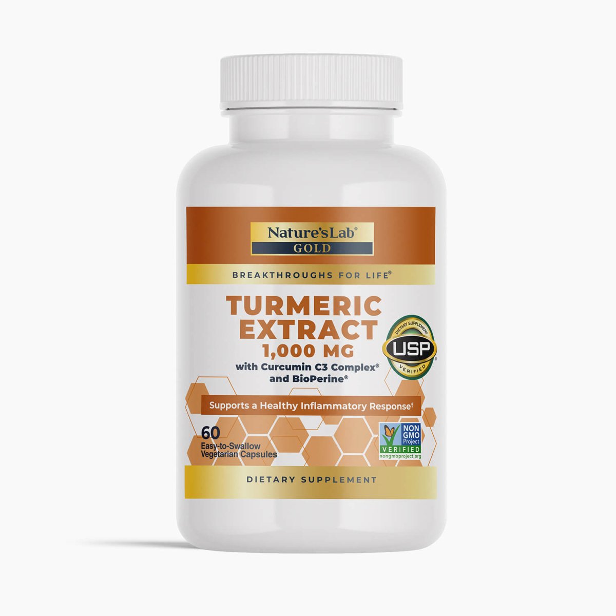 Turmeric extract supplement bottle, 60 vegetarian capsules, Nature's Lab Gold label.