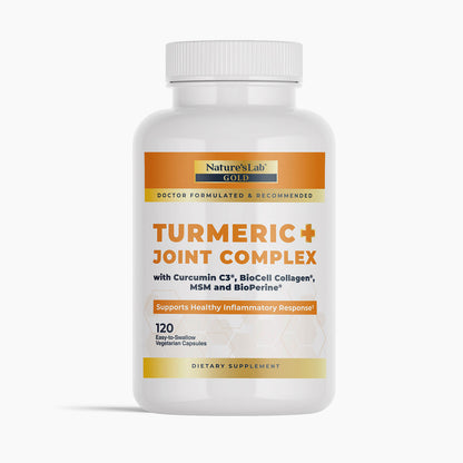 Turmeric joint complex supplement bottle, white cap, orange label with turmeric and joints