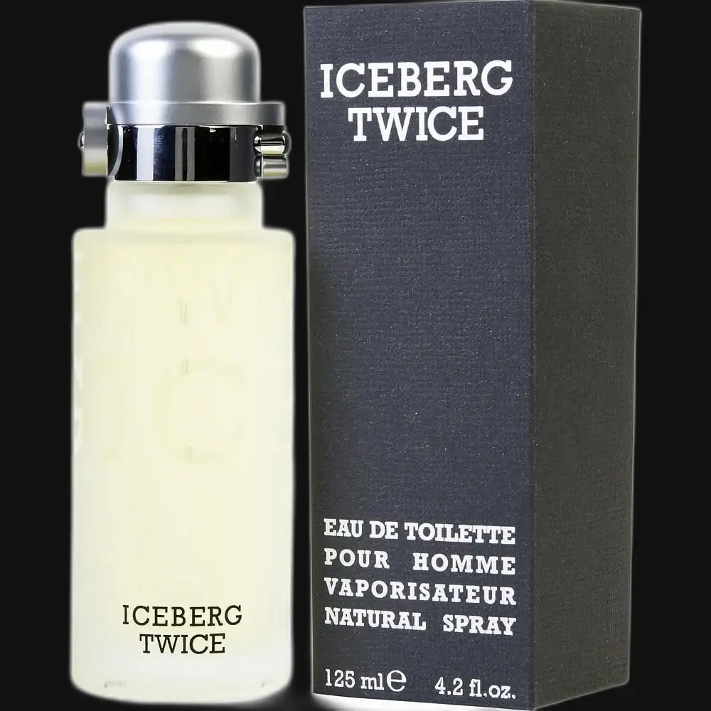 Men’s eau de toilette spray bottle with silver cap and ICEBERG TWICE label, boxed