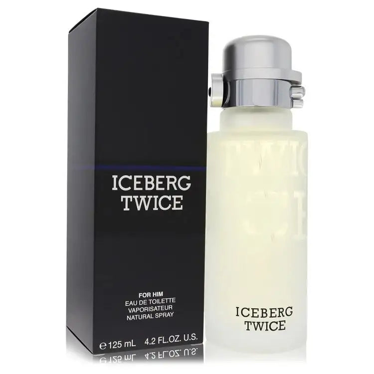 Men’s eau de toilette spray bottle with silver cap, pale liquid, ICEBERG TWICE, boxed