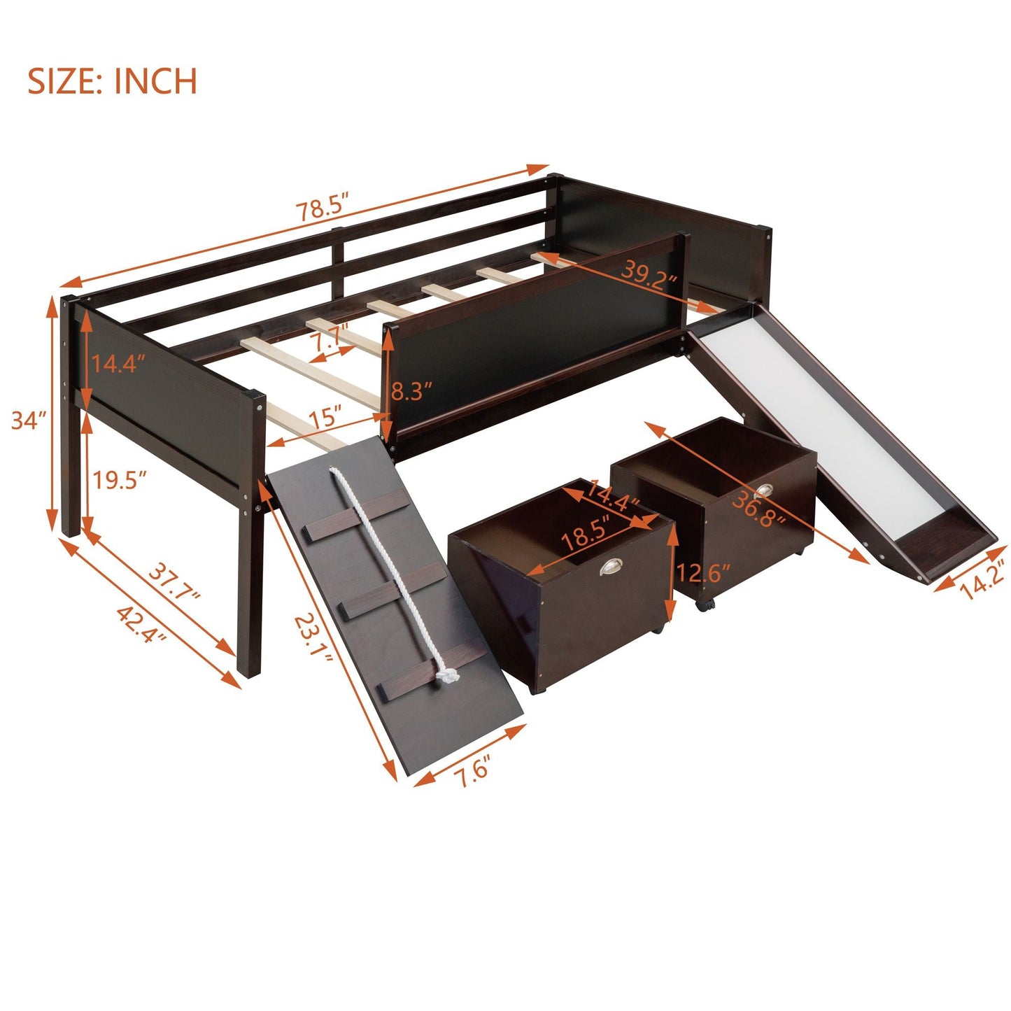 Twin size Loft Bed Wood Bed with Two Storage Boxes - Espresso ( old sku: LP000075AAP ) - Renee Lane Company